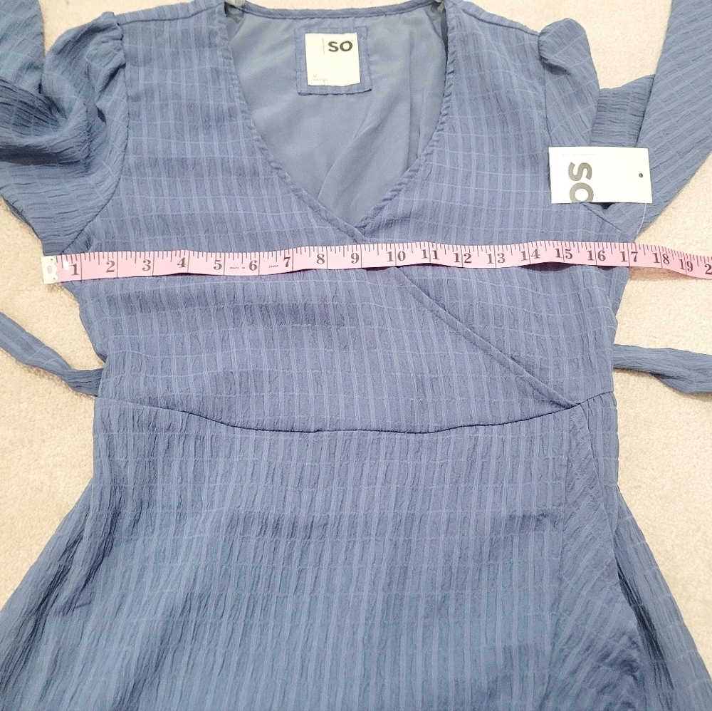 SO Woman's Faux Wrap Ruffle Hem Dress Blue Textured Long Sleeve Size Medium NEW - Picture 6 of 13